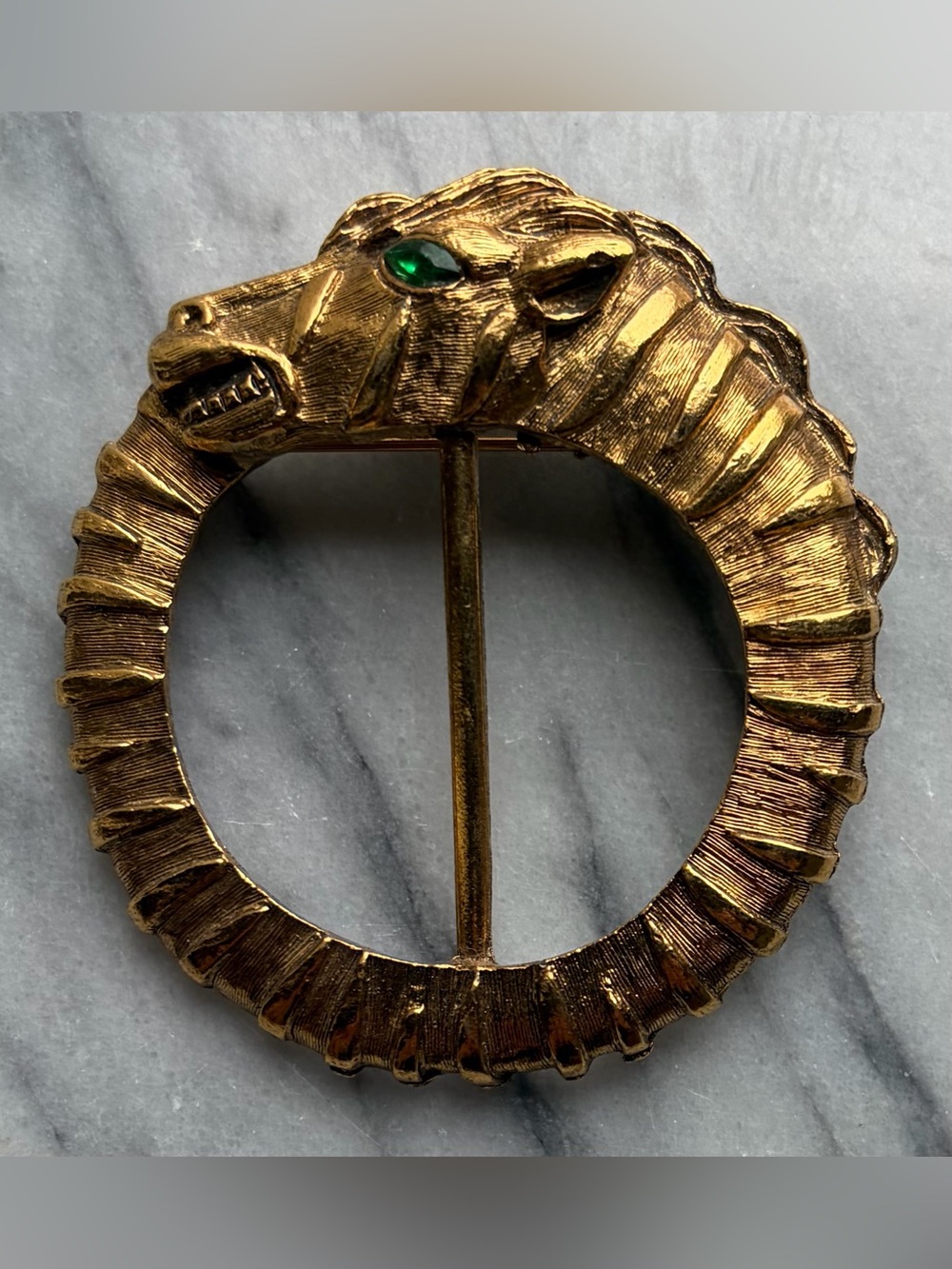 Vintage Zebra Brooch Gold Circle Scarf Pin Panther Lion Faux Emerald Statement